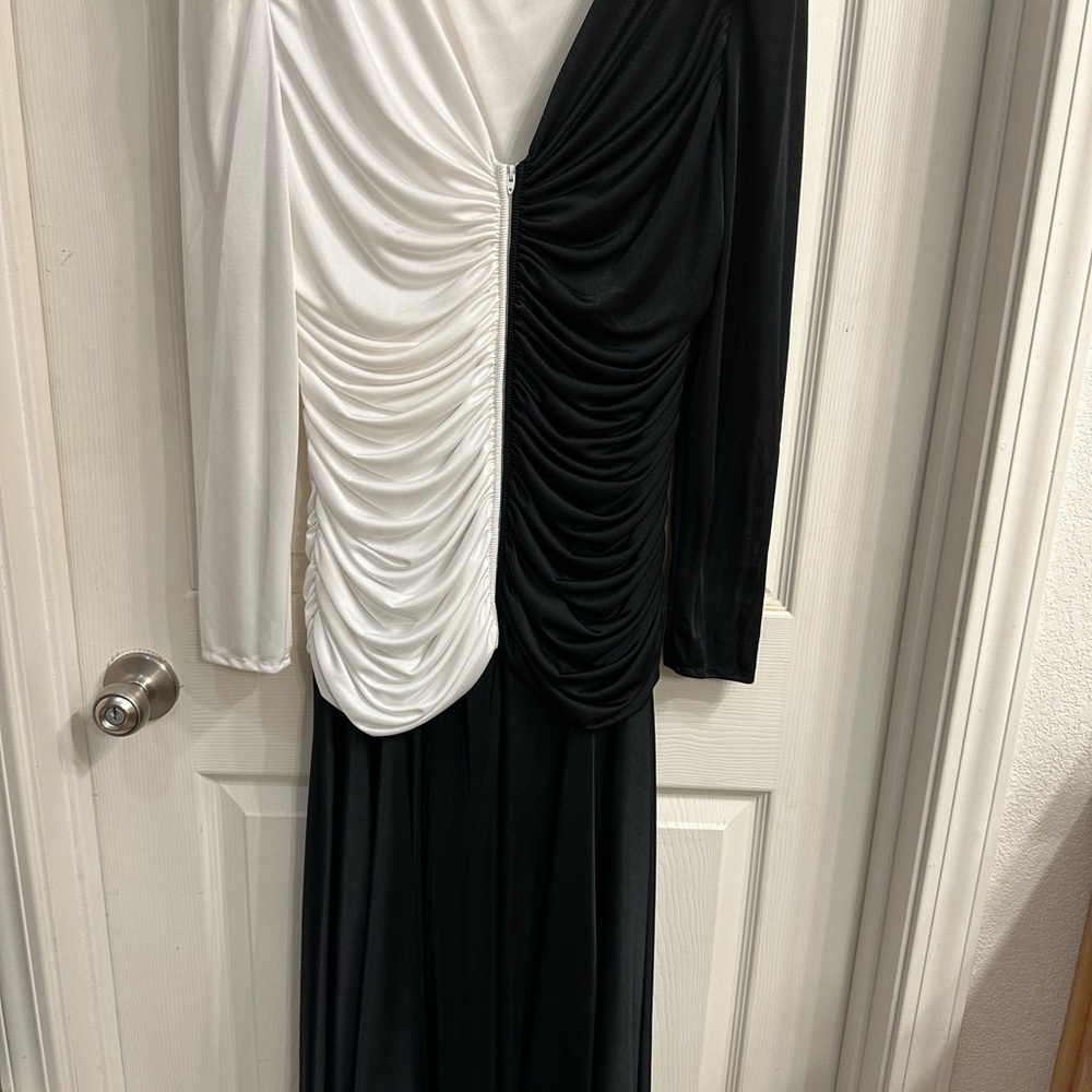 Black and White Asymmetrical Ruched Gown